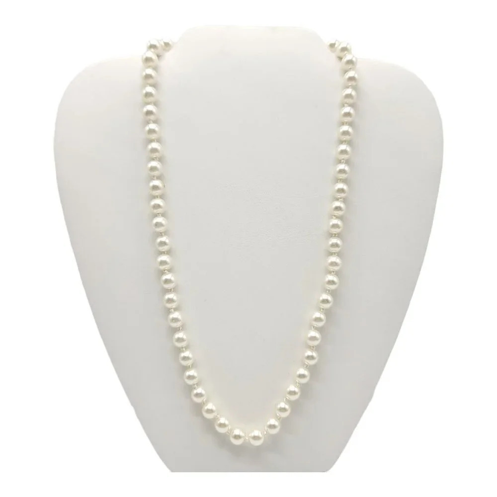 White Glass Faux Pearl Hand Knotted Gold Tone Vintage Necklace